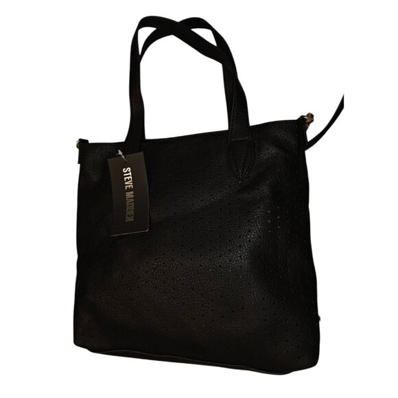 Nwt Steve Madden Black Perforated Tote Bag With detachable strap  Gold Accents - Picture 11 of 16